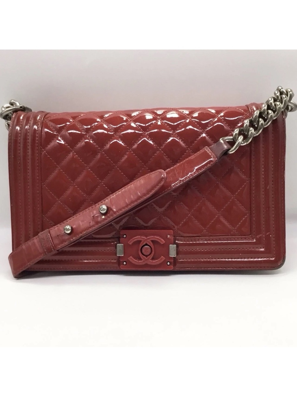 CHANEL Quilted Patent Leather Boy Flap Shoulder Bag in Deep Red